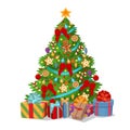 Christmas tree with gift boxes. Vector  cartoon illustration Royalty Free Stock Photo