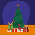 Christmas tree gift boxes wooden background