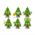 Christmas tree with giftbox cartoon character with cute emoticon bring money