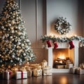 Christmas tree giftboxes fireplace decoration, AI generated image