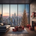 Christmas tree with gifts against room with large window overlooking New York city. Royalty Free Stock Photo