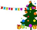 Christmas tree, gifts balls new year white background