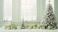 Christmas tree with gifts in the bright room in morning. Winter holidays in light interior. Generated AI.