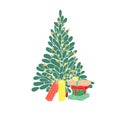 Christmas tree and gifts in cartoon style on a white background.