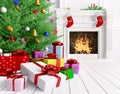 Christmas tree, gifts, fireplace in a room 3d rendering Royalty Free Stock Photo