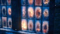 Christmas tree, gifts, fireplace scene through frozen window. Traditional scene with presents under the tree and fire in fireplace