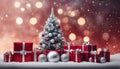 christmas tree and gifts Gorgeous elegant Christmas tree with gifts in red and silver on a panoramic snow background Royalty Free Stock Photo