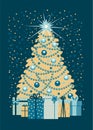 Christmas tree with gifts. Holiday card with Christmas decorations. Vector illustration in flat style