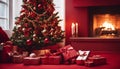 christmas tree and gifts Christmas tree and holidays present on fireplace red background Royalty Free Stock Photo