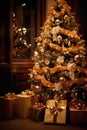Christmas tree with gifts in the interior of the house. Christmas background