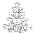 Christmas tree with gifts. Merry Christmas and Happy New Year greeting card template. Black and white vector illustration for colo