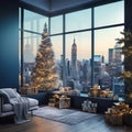 Christmas tree with gifts and New York city view from the window. 3D Rendering. Royalty Free Stock Photo