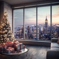 Christmas tree with gifts and New York city view from the window. New Year\'s Eve. 3D Rendering. Royalty Free Stock Photo