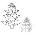 Christmas tree and gifts, outline. Doodle. Christmas and New Year decor.