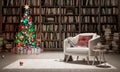 Christmas tree with gifts and reading chair with decorative pillow and blanket in the library. 3d render
