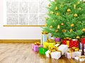 Christmas tree, gifts in a room 3d rendering Royalty Free Stock Photo