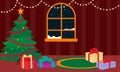 Christmas tree with gifts in a room with a dark window. Vector illustration