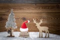 A christmas tree and gifts with santa hat and reindeer in the snow Royalty Free Stock Photo