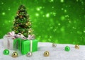 Christmas tree and gifts in snow on bokeh green background. 3D illustration Royalty Free Stock Photo