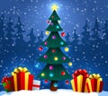 Christmas tree with gifts on snow in winter forest. Christmas and New Year background. Vector illustration.