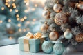 Christmas tree with gifts. Soft focus background with bokeh glowing lights. AI Generative. Royalty Free Stock Photo