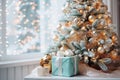 Christmas tree with gifts. Soft focus background with bokeh glowing lights. AI Generative. Royalty Free Stock Photo