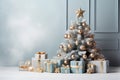 Christmas tree with gifts. Soft focus background with bokeh glowing lights. AI Generative. Royalty Free Stock Photo