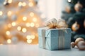 Christmas tree with gifts. Soft focus background with bokeh glowing lights. AI Generative. Royalty Free Stock Photo