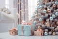 Christmas tree with gifts. Soft focus background with bokeh glowing lights. AI Generative. Royalty Free Stock Photo