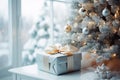 Christmas tree with gifts. Soft focus background with bokeh glowing lights. AI Generative. Royalty Free Stock Photo
