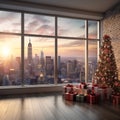 Christmas tree with gifts and a view of New York at sunset from the window. Royalty Free Stock Photo