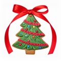 Christmas Tree Gingerbread Cookie with Festive Red Ribbon on White Royalty Free Stock Photo