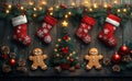 A Christmas tree with gingerbread men and stockings hanging from the ceiling Royalty Free Stock Photo
