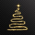 Christmas tree with glowing glitter gold lights and stars. New Year card. Luxury Holiday design. Celebration background