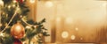 Christmas Tree With gold Baubles close-up against backdrop of golden sparkling Christmas lights. Wide format banner. AI Generated Royalty Free Stock Photo