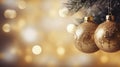 Christmas Tree With gold Baubles close-up against backdrop of golden sparkling Christmas lights. Wide format banner. Royalty Free Stock Photo