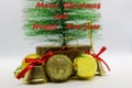 Christmas Tree ,Gold-Colored Bells And Balls, greeting card Royalty Free Stock Photo