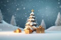 Christmas tree and gold gift boxes while snowing cute 3D illustration, Christmas background. Generative AI Royalty Free Stock Photo