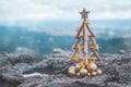 Christmas tree with gold lights and mountain backdrop