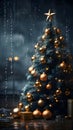Christmas tree with gold matte and glossy baubles and star smudged background. Xmas tree as a symbol of Christmas of the birth of