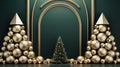 Christmas tree with golden balls and arch on dark background, AI Royalty Free Stock Photo