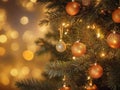 Christmas tree with golden Christmas balls on a blure bokeh background