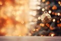 Christmas tree and golden bauble on wooden table over bokeh background, Christmas Tree With Baubles And Blurred Shiny Lights, AI Royalty Free Stock Photo