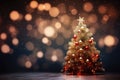 Christmas tree with golden baubles and star on bokeh background, A Christmas and New Year background features a Christmas tree and Royalty Free Stock Photo