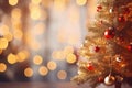 Christmas tree with golden decorations and bokeh lights on dark background Royalty Free Stock Photo