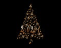 2021 christmas tree with golden metal musical notes isolated on black background, music new year card