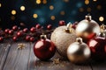 Christmas tree golden and red balls on a wooden table against a background of bokeh Christmas lights Royalty Free Stock Photo