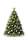 Christmas tree with golden and silber ornaments and baubles on white background