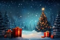 Christmas tree with golden star, ornaments and red gift boxes on snowy night forest landscape Royalty Free Stock Photo