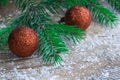 Christmas tree green branches, orange balls, winter snowbound wo